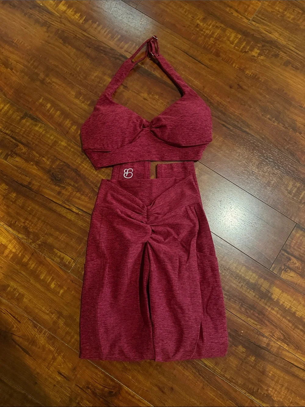 Bombshell Sportswear Garnet Red V Back Leggings & Backless Halter Bra Set
